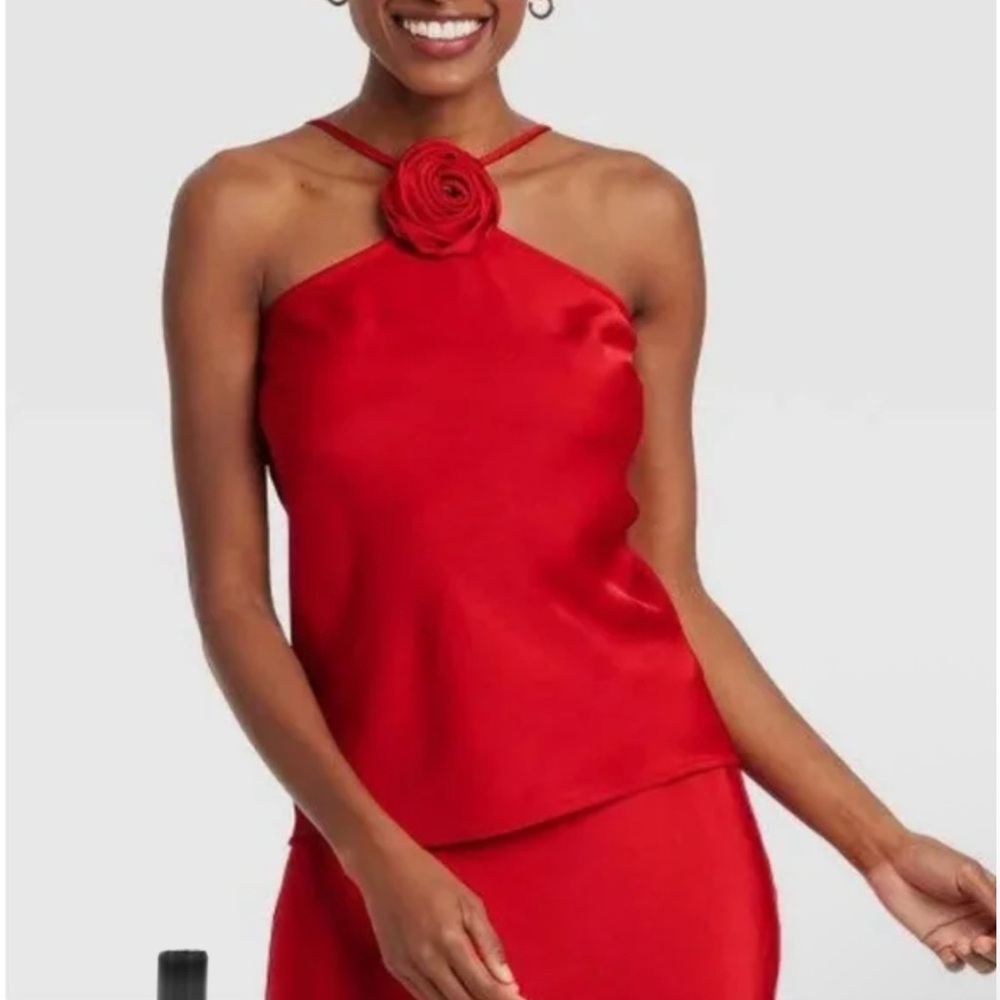 NWT A New Day Elegant Red Top with Rose Detail